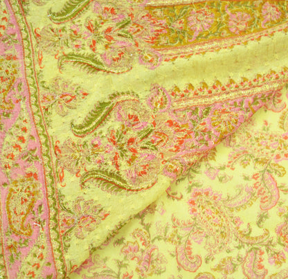 Indian Vintage Sari Yellow Hand Embroidered Printed Sari 100% Pure Silk Sarees Craft Fabric 5yd Soft Zari Sequins Dress making Quilting Used