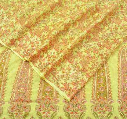 Indian Vintage Sari Yellow Hand Embroidered Printed Sari 100% Pure Silk Sarees Craft Fabric 5yd Soft Zari Sequins Dress making Quilting Used