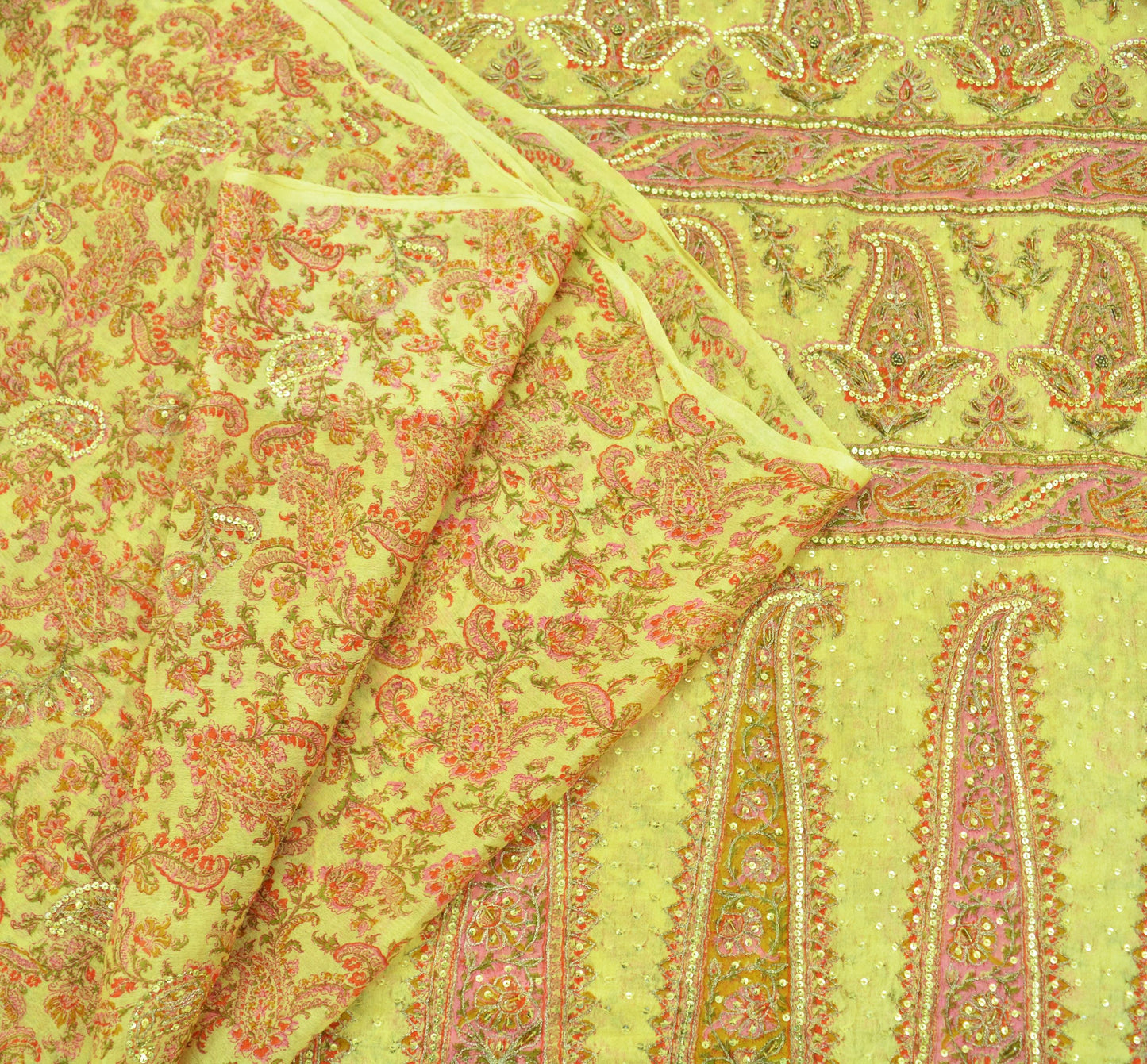 Indian Vintage Sari Yellow Hand Embroidered Printed Sari 100% Pure Silk Sarees Craft Fabric 5yd Soft Zari Sequins Dress making Quilting Used