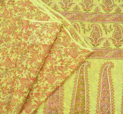 Indian Vintage Sari Yellow Hand Embroidered Printed Sari 100% Pure Silk Sarees Craft Fabric 5yd Soft Zari Sequins Dress making Quilting Used