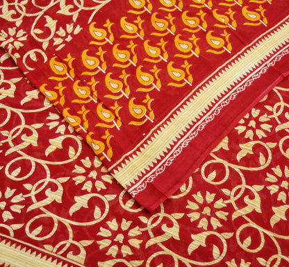 Indian Vintage Red Saree Printed Pure Cotton Indian Sari Craft Fabric Soft 5Yd Sewing Sarong Wrap Boho Floral Quilting Crafting Upcycle