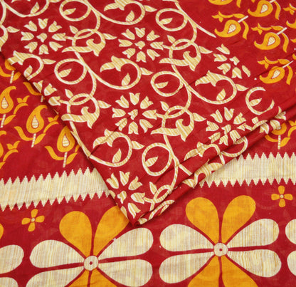 Indian Vintage Red Saree Printed Pure Cotton Indian Sari Craft Fabric Soft 5Yd Sewing Sarong Wrap Boho Floral Quilting Crafting Upcycle