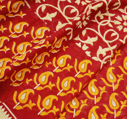 Indian Vintage Red Saree Printed Pure Cotton Indian Sari Craft Fabric Soft 5Yd Sewing Sarong Wrap Boho Floral Quilting Crafting Upcycle