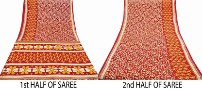 Indian Vintage Red Saree Printed Pure Cotton Indian Sari Craft Fabric Soft 5Yd Sewing Sarong Wrap Boho Floral Quilting Crafting Upcycle