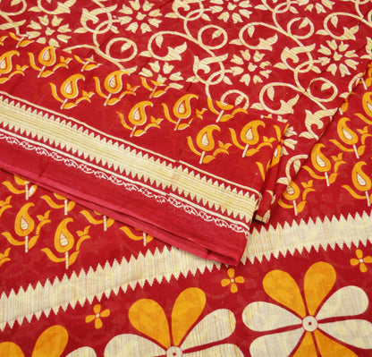 Indian Vintage Red Saree Printed Pure Cotton Indian Sari Craft Fabric Soft 5Yd Sewing Sarong Wrap Boho Floral Quilting Crafting Upcycle