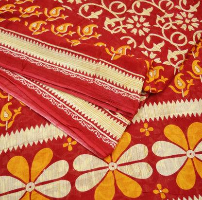 Indian Vintage Red Saree Printed Pure Cotton Indian Sari Craft Fabric Soft 5Yd Sewing Sarong Wrap Boho Floral Quilting Crafting Upcycle