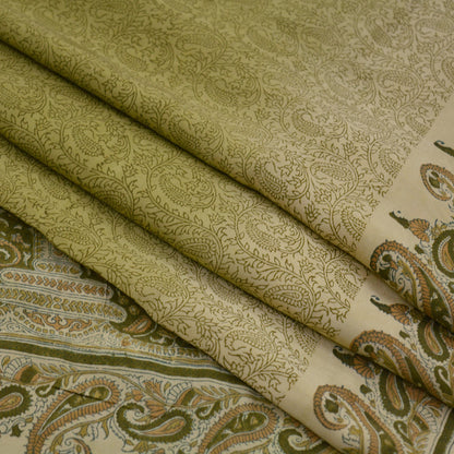 Indian Vintage Sari Cream & Green Pure Crepe Silk Printed Sarees 5yd Sewing Soft Craft Fabric Wrap Upcycle Quilting Crafting Dress making