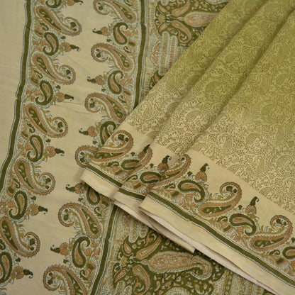 Indian Vintage Sari Cream & Green Pure Crepe Silk Printed Sarees 5yd Sewing Soft Craft Fabric Wrap Upcycle Quilting Crafting Dress making