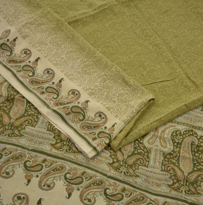 Indian Vintage Sari Cream & Green Pure Crepe Silk Printed Sarees 5yd Sewing Soft Craft Fabric Wrap Upcycle Quilting Crafting Dress making