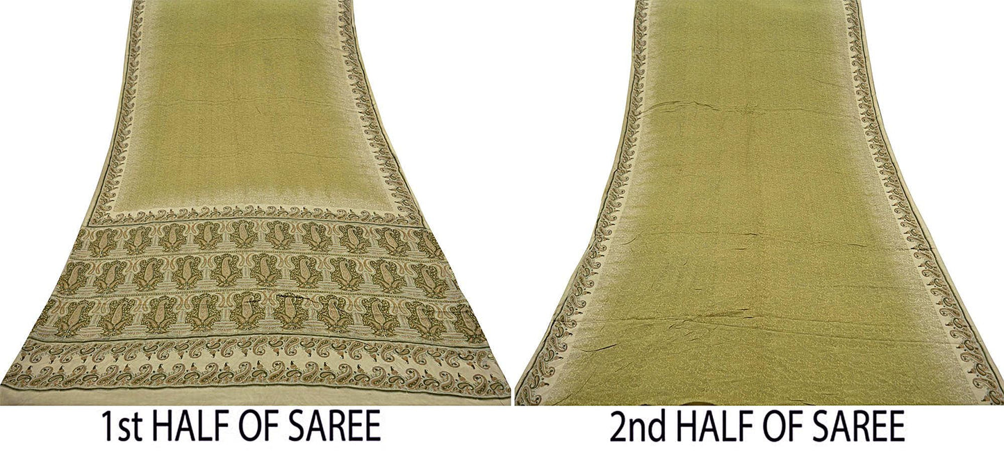 Indian Vintage Sari Cream & Green Pure Crepe Silk Printed Sarees 5yd Sewing Soft Craft Fabric Wrap Upcycle Quilting Crafting Dress making