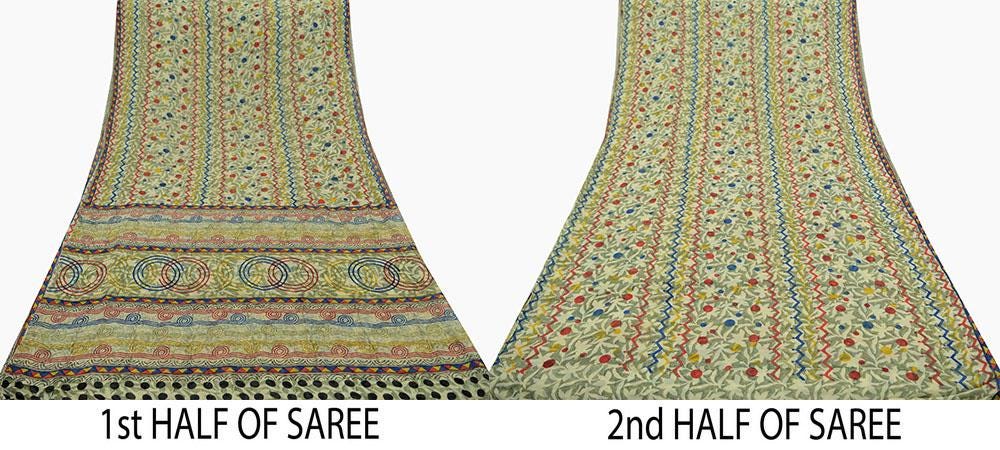 Indian Vintage Sari Beige Pure Georgette Silk Printed Saree Craft Fabric Sewing 5Yd Soft Light Dress Making  Quilting Crafting Upcycle