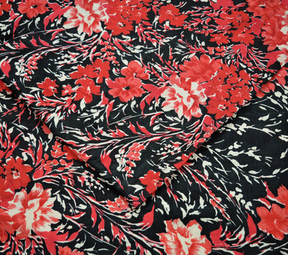 Indian Vintage Sari Black & Red Pure Silk Printed Sarees 6yd Sewing Craft Fabric Dress Making Soft Quilting Crafting Upcycle Used Floral