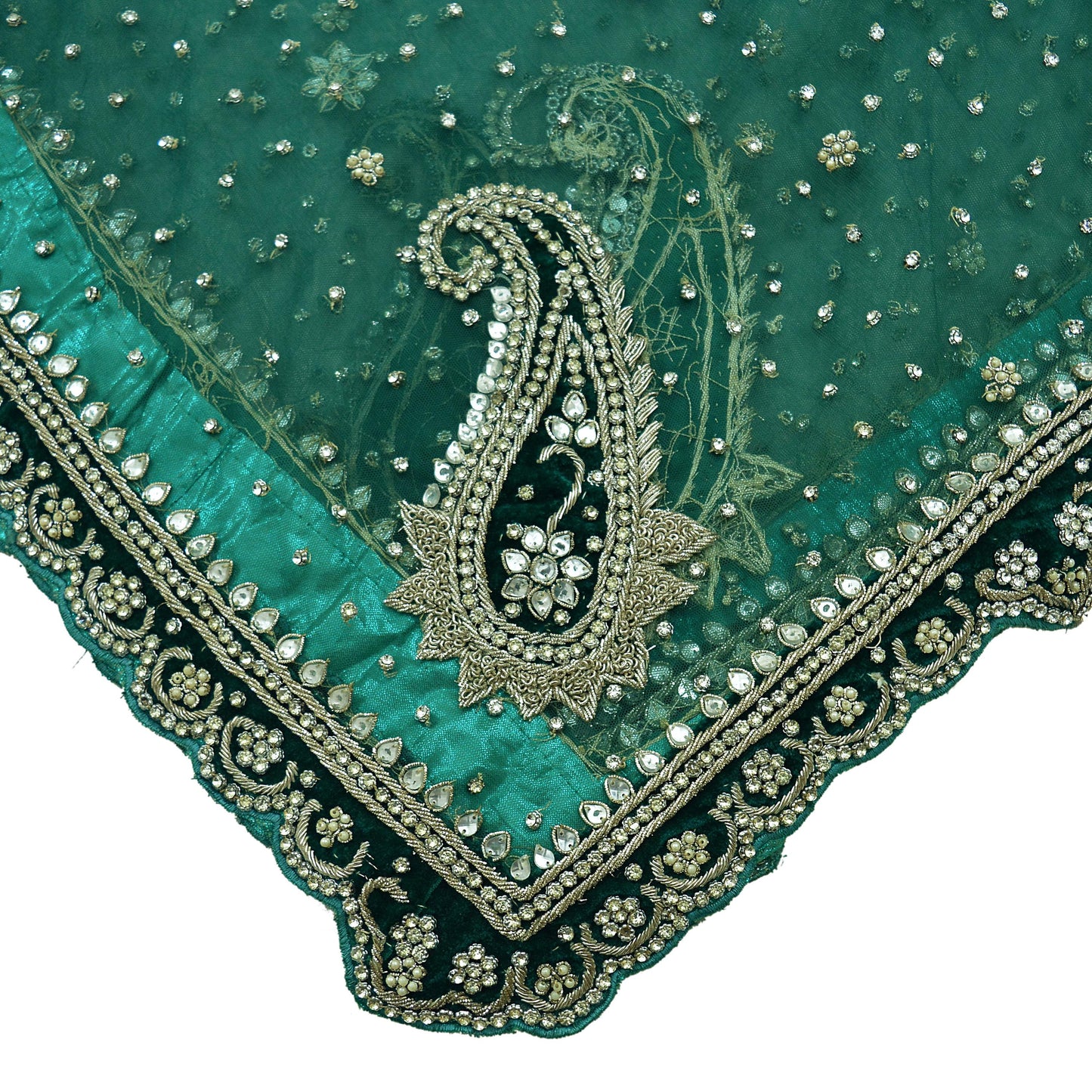 Indian Vintage Heavy Bridal Green Dupatta Net Mesh Long Stole Hand Embroidered Scarf Golden Zardozi Zari Sequins Stole Wedding Veil Hijab