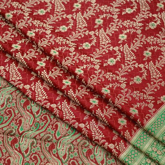 Indian Vintage Sari Dark Red Heavy Wedding Pure Satin Silk Woven Banarasi Brocade Saree Zari 5Yd Dress Making Craft Fabric Upcycle Crafting