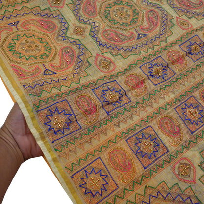 Indian Vintage Sari Beige Hand Embroidered Pure Organza Saree Craft Fabric 5Yd Ethnic Floral zari Dress making Quilting Upcycle Crafting