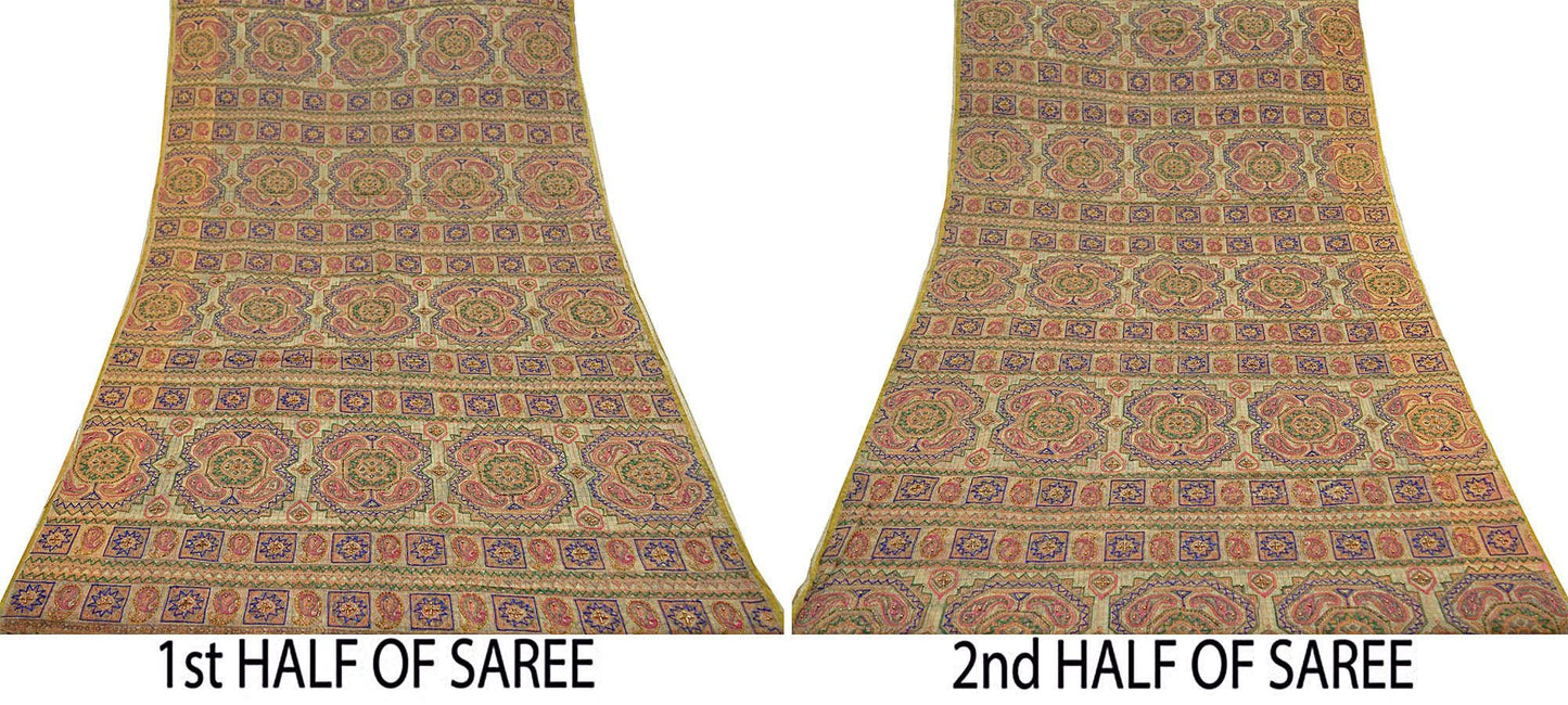 Indian Vintage Sari Beige Hand Embroidered Pure Organza Saree Craft Fabric 5Yd Ethnic Floral zari Dress making Quilting Upcycle Crafting