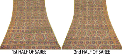 Indian Vintage Sari Beige Hand Embroidered Pure Organza Saree Craft Fabric 5Yd Ethnic Floral zari Dress making Quilting Upcycle Crafting