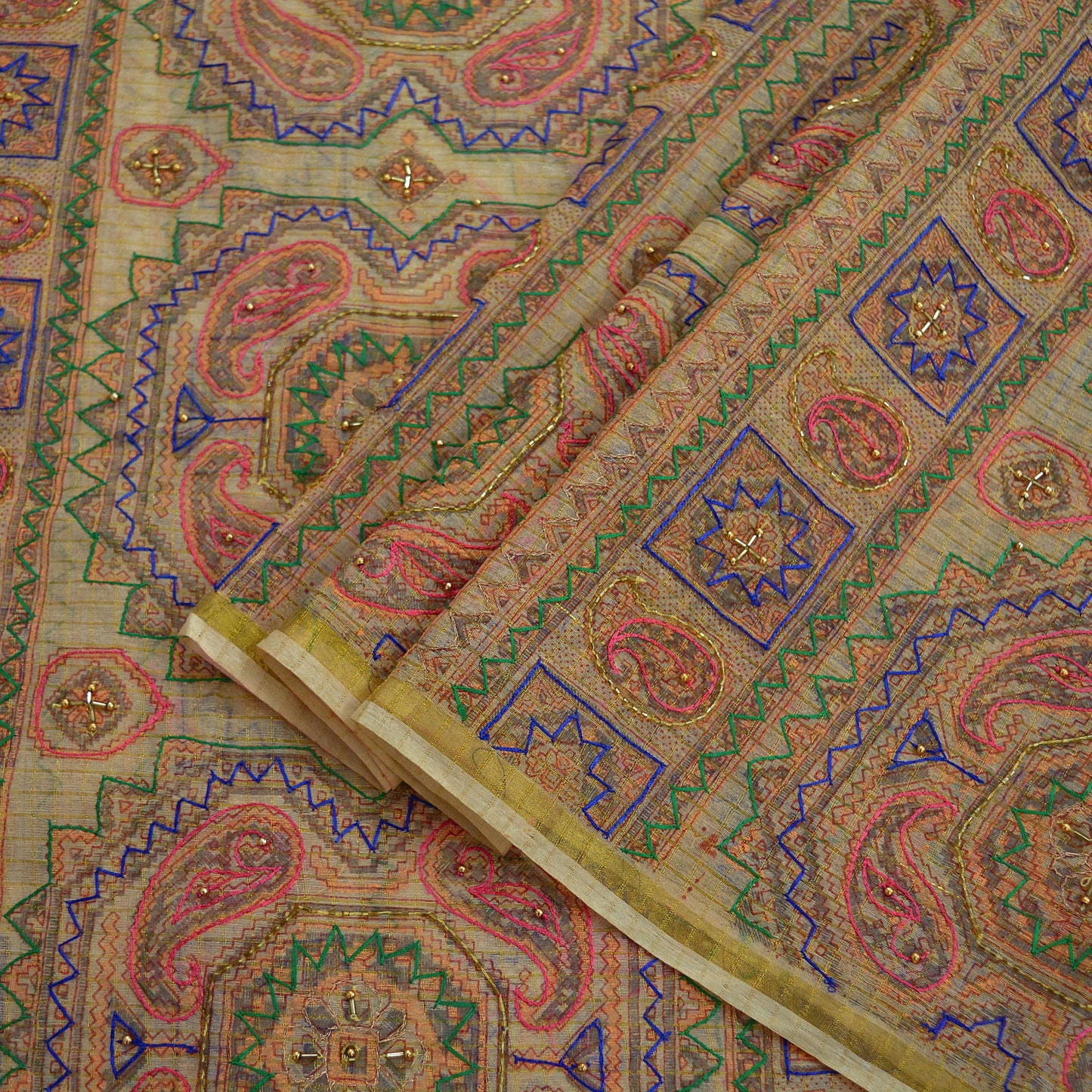 Indian Vintage Sari Beige Hand Embroidered Pure Organza Saree Craft Fabric 5Yd Ethnic Floral zari Dress making Quilting Upcycle Crafting