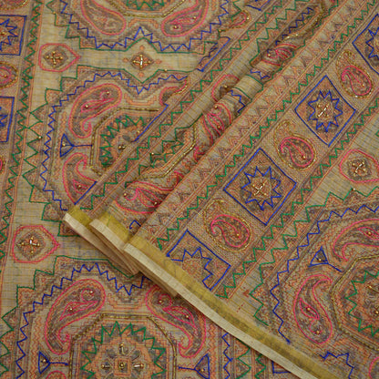 Indian Vintage Sari Beige Hand Embroidered Pure Organza Saree Craft Fabric 5Yd Ethnic Floral zari Dress making Quilting Upcycle Crafting