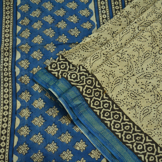 Indian Vintage Ivory & Blue Dupatta Long Stole Block Print Pure Chanderi Silk Scarves Veil Paisley Upcycle Party wear hijab Zari Border