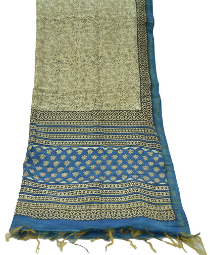 Indian Vintage Ivory & Blue Dupatta Long Stole Block Print Pure Chanderi Silk Scarves Veil Paisley Upcycle Party wear hijab Zari Border