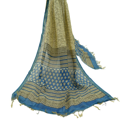 Indian Vintage Ivory & Blue Dupatta Long Stole Block Print Pure Chanderi Silk Scarves Veil Paisley Upcycle Party wear hijab Zari Border