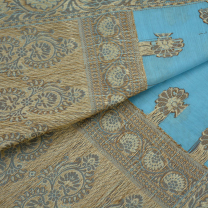 Indian Vintage Blue Dupatta Long Stole Hand Woven Blend Cotton Scarf Veil Soft Floral Fringes Wrap Boho