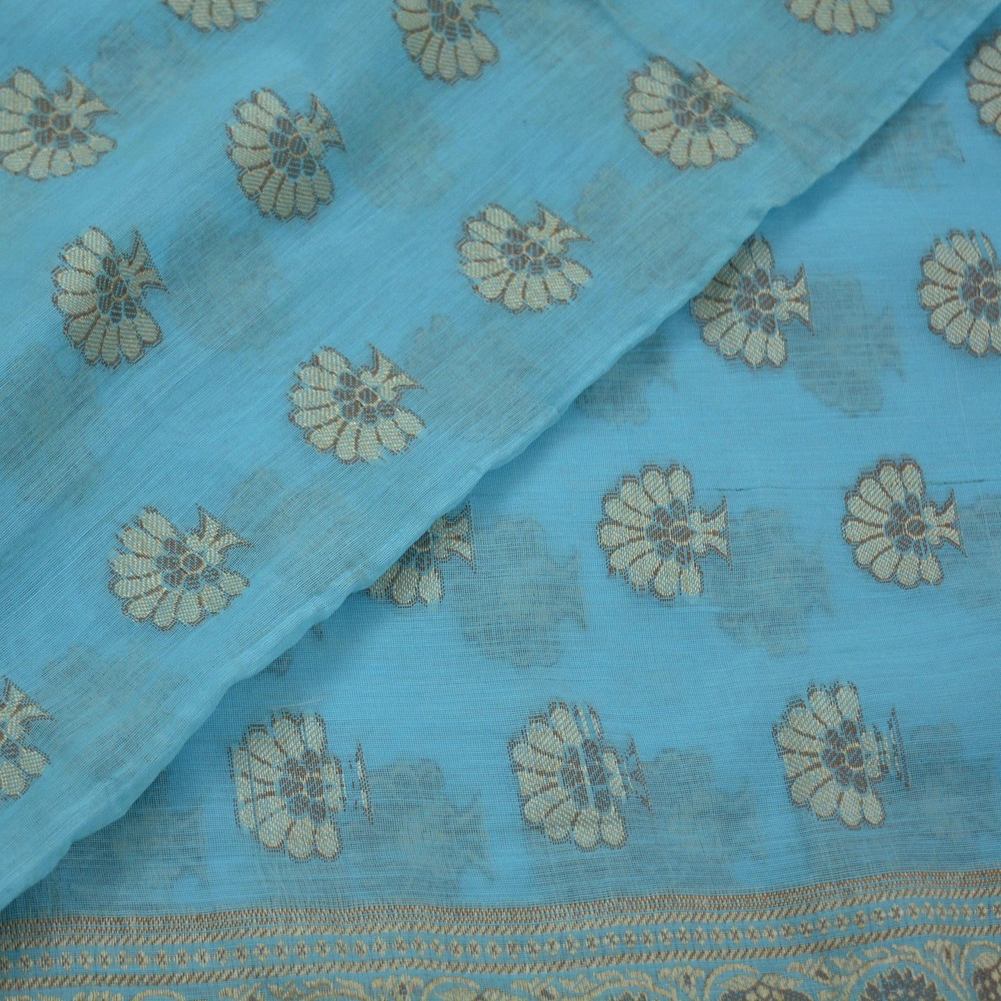 Indian Vintage Blue Dupatta Long Stole Hand Woven Blend Cotton Scarf Veil Soft Floral Fringes Wrap Boho