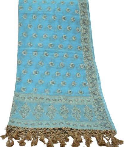 Indian Vintage Blue Dupatta Long Stole Hand Woven Blend Cotton Scarf Veil Soft Floral Fringes Wrap Boho