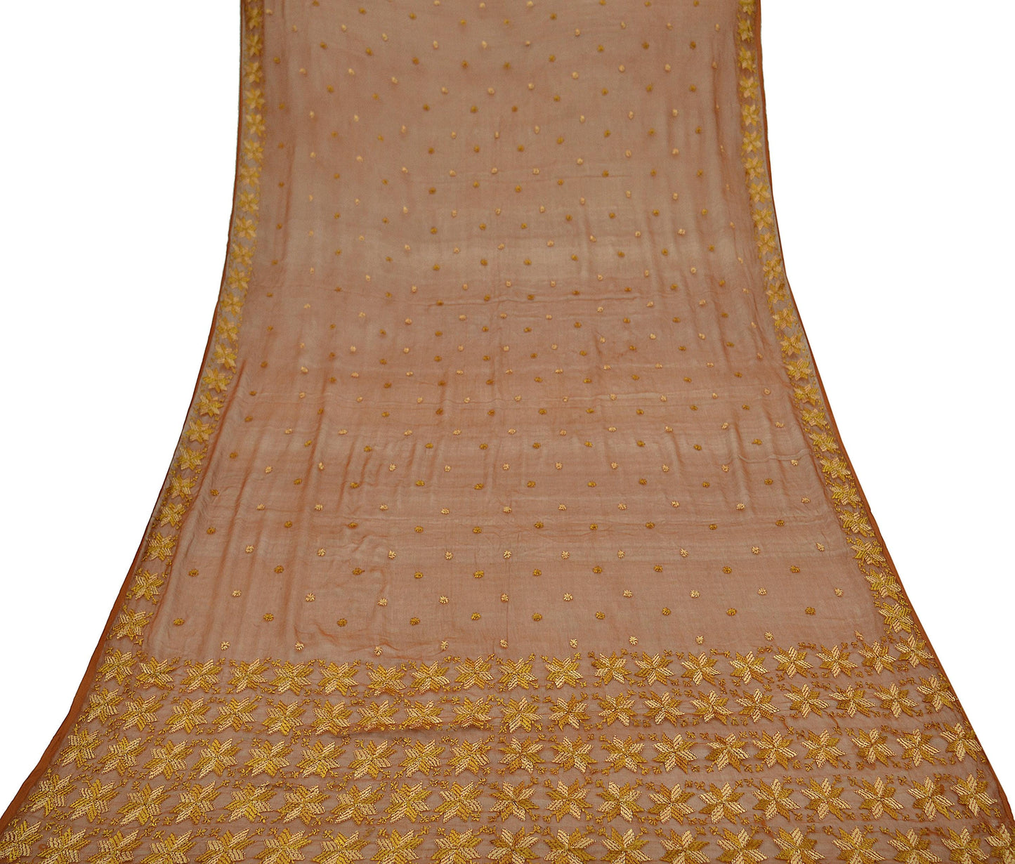 Indian Vintage Brown Dupatta Long Stole Pure Chiffon Silk Hand Embroidered Bagh Phulkari Stole Scarves Golden lace