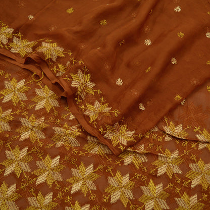 Indian Vintage Brown Dupatta Long Stole Pure Chiffon Silk Hand Embroidered Bagh Phulkari Stole Scarves Golden lace