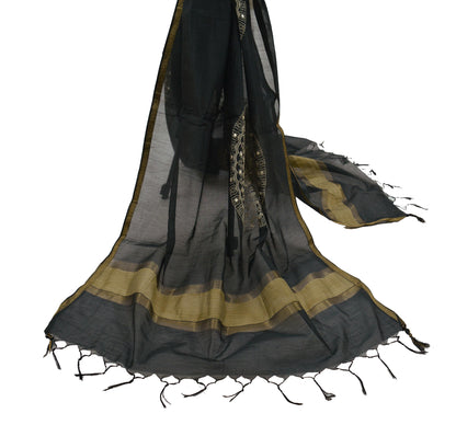 Indian Vintage Black Dupatta Long Stole Embroidered Chanderi Scarves Veil Golden Zari Soft Fringes