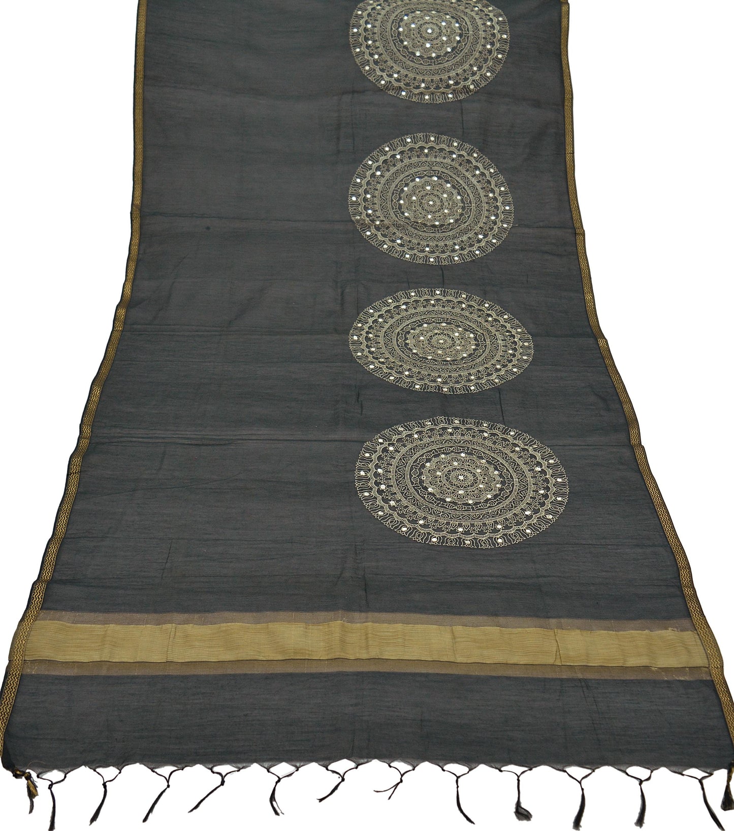 Indian Vintage Black Dupatta Long Stole Embroidered Chanderi Scarves Veil Golden Zari Soft Fringes