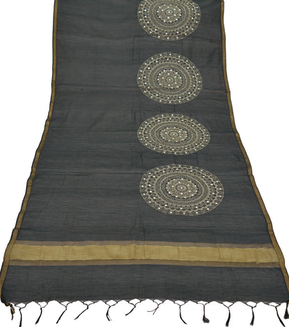 Indian Vintage Black Dupatta Long Stole Embroidered Chanderi Scarves Veil Golden Zari Soft Fringes