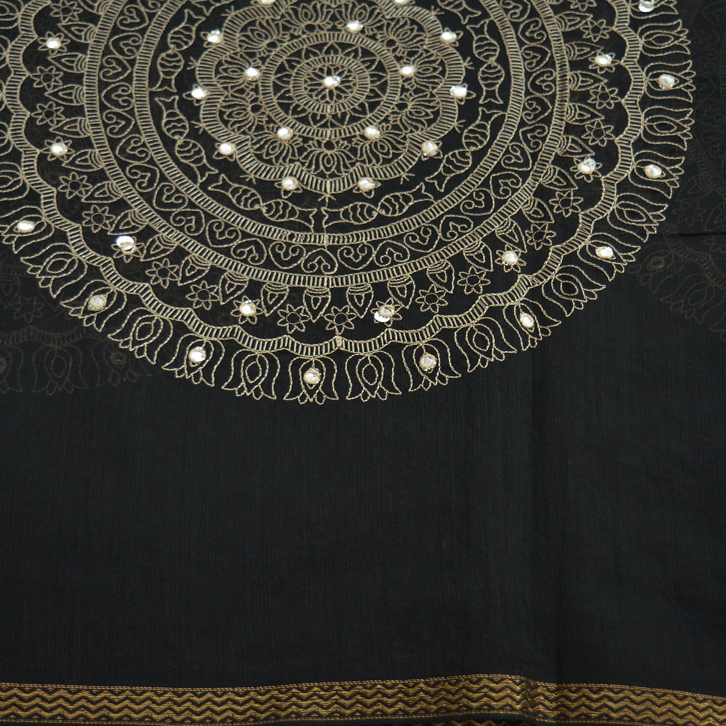 Indian Vintage Black Dupatta Long Stole Embroidered Chanderi Scarves Veil Golden Zari Soft Fringes