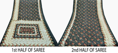 Indian Vintage Sari Ivory & Black Printed Pure Silk Sarees 5yd Sewing Craft Fabric DressMaking Soft Wrap Upcycle Quilting Crafting Used