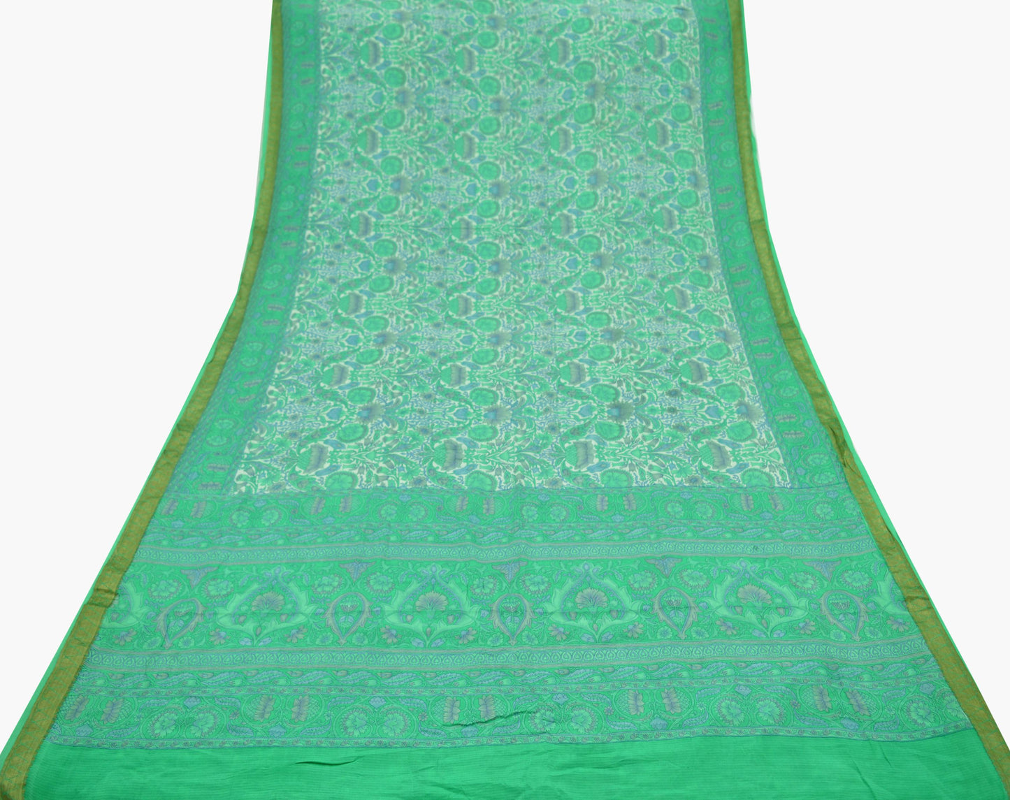 Indian Vintage Sari Ivory & Green Pure Silk Printed Sarees 5yd Sewing Craft Fabric Floral Dress Making Soft Quilting Upcycle Crafting Used