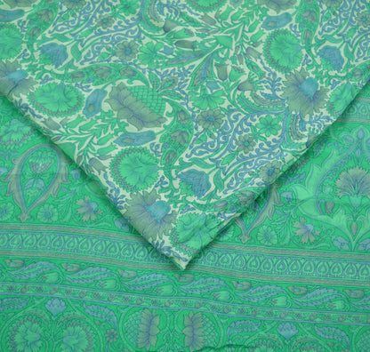 Indian Vintage Sari Ivory & Green Pure Silk Printed Sarees 5yd Sewing Craft Fabric Floral Dress Making Soft Quilting Upcycle Crafting Used