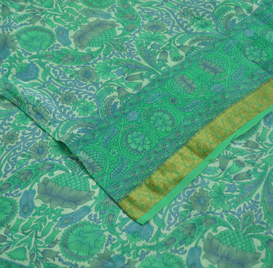 Indian Vintage Sari Ivory & Green Pure Silk Printed Sarees 5yd Sewing Craft Fabric Floral Dress Making Soft Quilting Upcycle Crafting Used