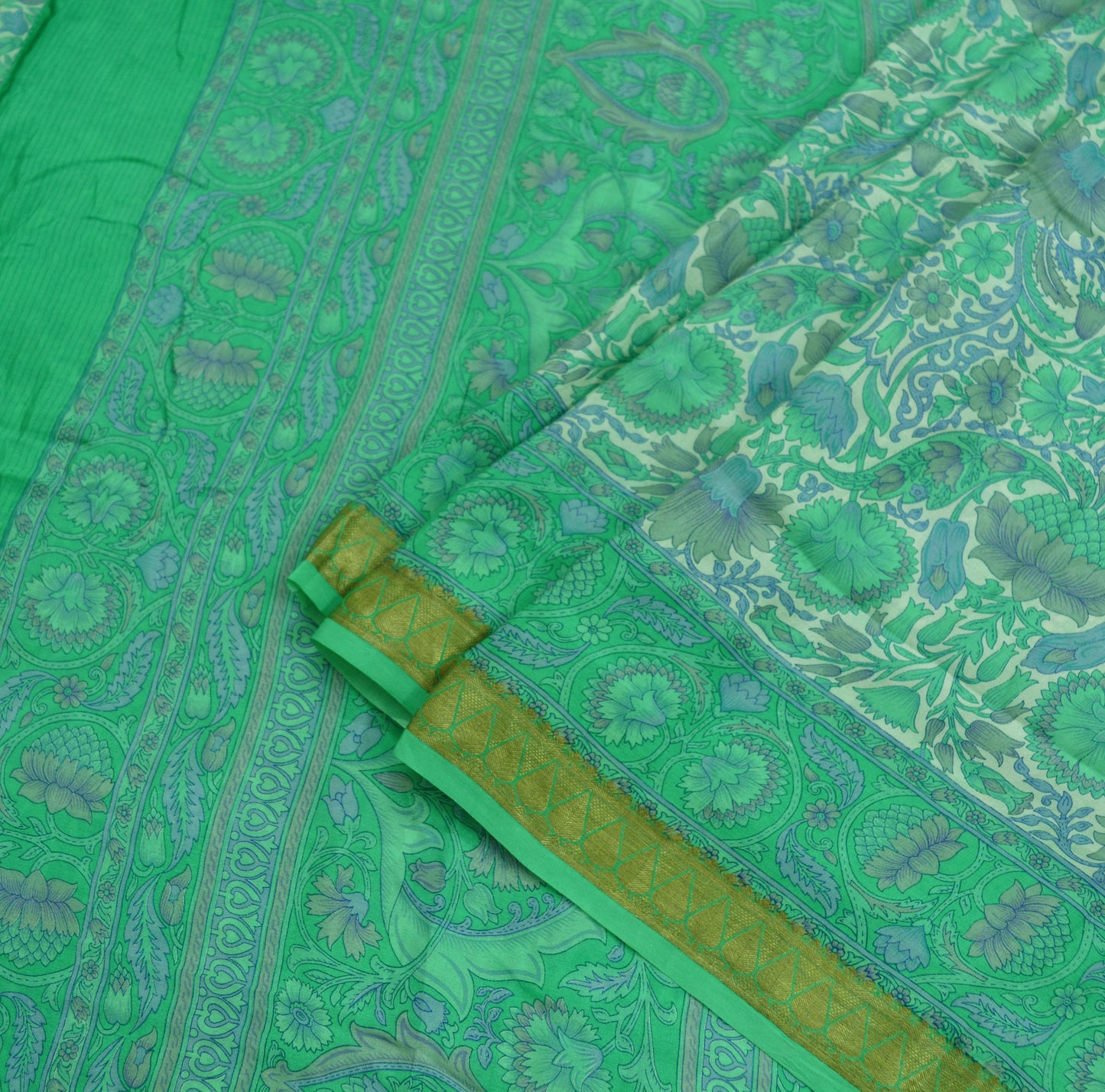 Indian Vintage Sari Ivory & Green Pure Silk Printed Sarees 5yd Sewing Craft Fabric Floral Dress Making Soft Quilting Upcycle Crafting Used