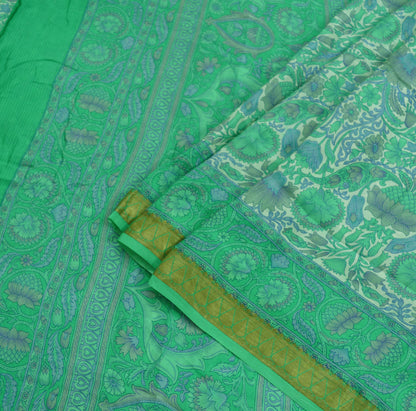 Indian Vintage Sari Ivory & Green Pure Silk Printed Sarees 5yd Sewing Craft Fabric Floral Dress Making Soft Quilting Upcycle Crafting Used