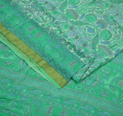 Indian Vintage Sari Ivory & Green Pure Silk Printed Sarees 5yd Sewing Craft Fabric Floral Dress Making Soft Quilting Upcycle Crafting Used