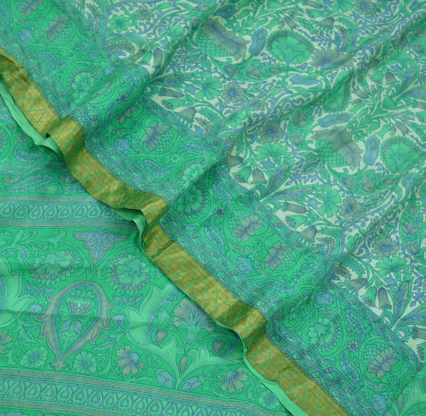 Indian Vintage Sari Ivory & Green Pure Silk Printed Sarees 5yd Sewing Craft Fabric Floral Dress Making Soft Quilting Upcycle Crafting Used