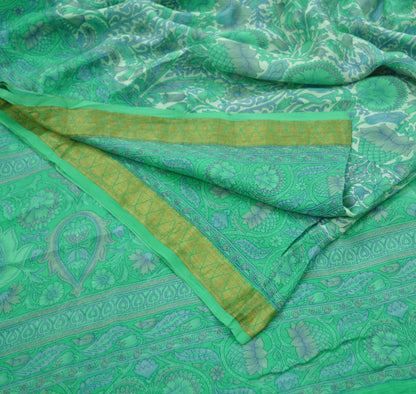 Indian Vintage Sari Ivory & Green Pure Silk Printed Sarees 5yd Sewing Craft Fabric Floral Dress Making Soft Quilting Upcycle Crafting Used