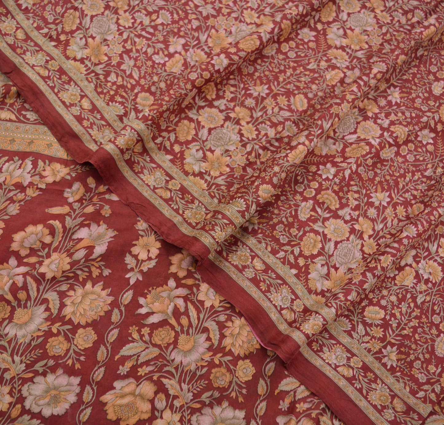 Indian Vintage Sari Maroon 100% Pure Silk Printed Sarees 6yd Craft Fabric Sewing Soft Dress Making Floral Quilting Crafting Upcycle Used