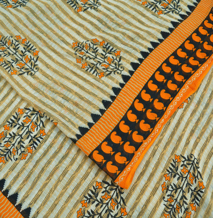 Indian Vintage Sari Ivory Pure Cotton Printed Saree 5Yd Craft Fabric Sewing Sarong Wrap Boho Stripes Quilting crafting dressmaking
