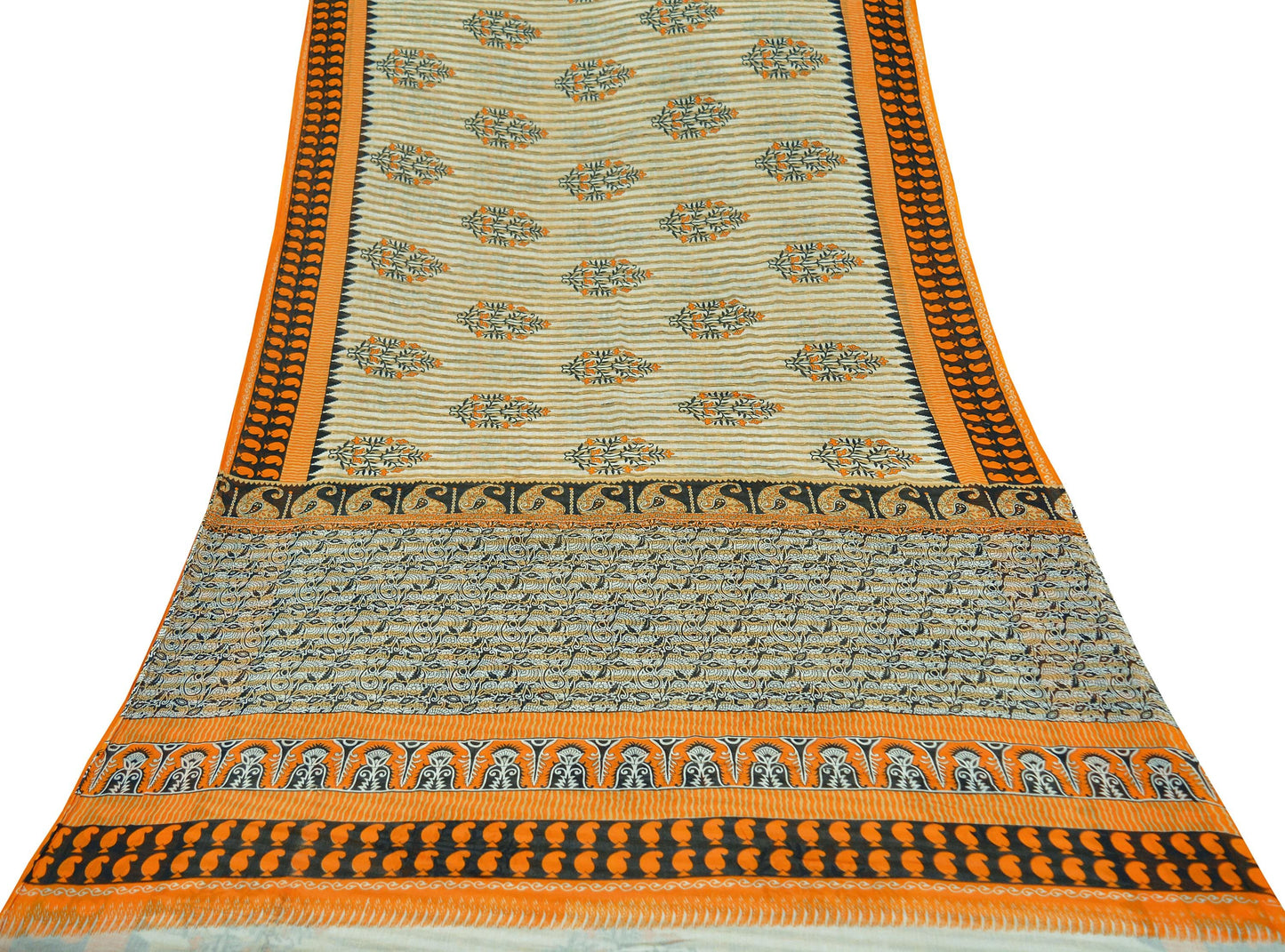 Indian Vintage Sari Ivory Pure Cotton Printed Saree 5Yd Craft Fabric Sewing Sarong Wrap Boho Stripes Quilting crafting dressmaking