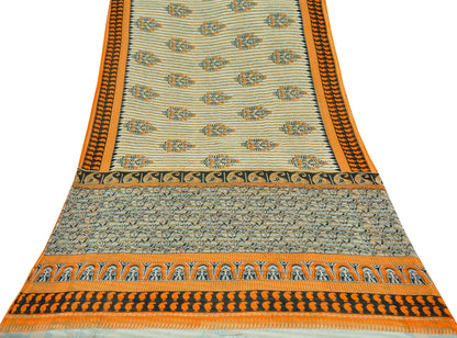 Indian Vintage Sari Ivory Pure Cotton Printed Saree 5Yd Craft Fabric Sewing Sarong Wrap Boho Stripes Quilting crafting dressmaking