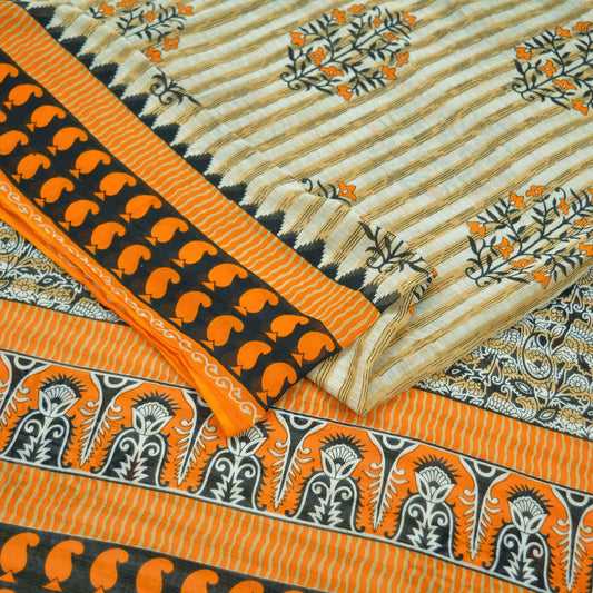 Indian Vintage Sari Ivory Pure Cotton Printed Saree 5Yd Craft Fabric Sewing Sarong Wrap Boho Stripes Quilting crafting dressmaking