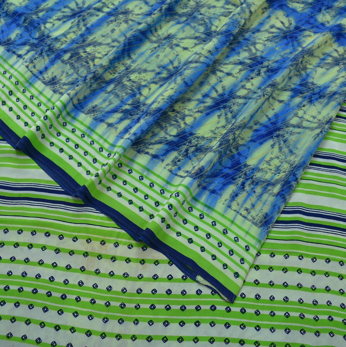 Indian Vintage Sari Blue & Green Pure Crepe Silk Printed Sarees 5yd Sewing Floral Soft Craft Fabric Wrap Quilting Crafting Upcycle Used